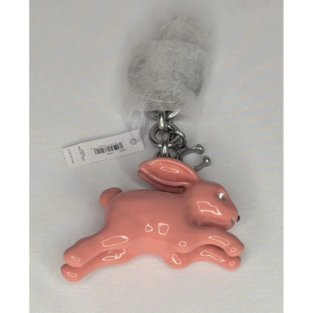 NWT Coach Bunny Rabbit Bag Charm Keychain Fob Silver / Coral Pink CBH21 - Picture 2 of 6